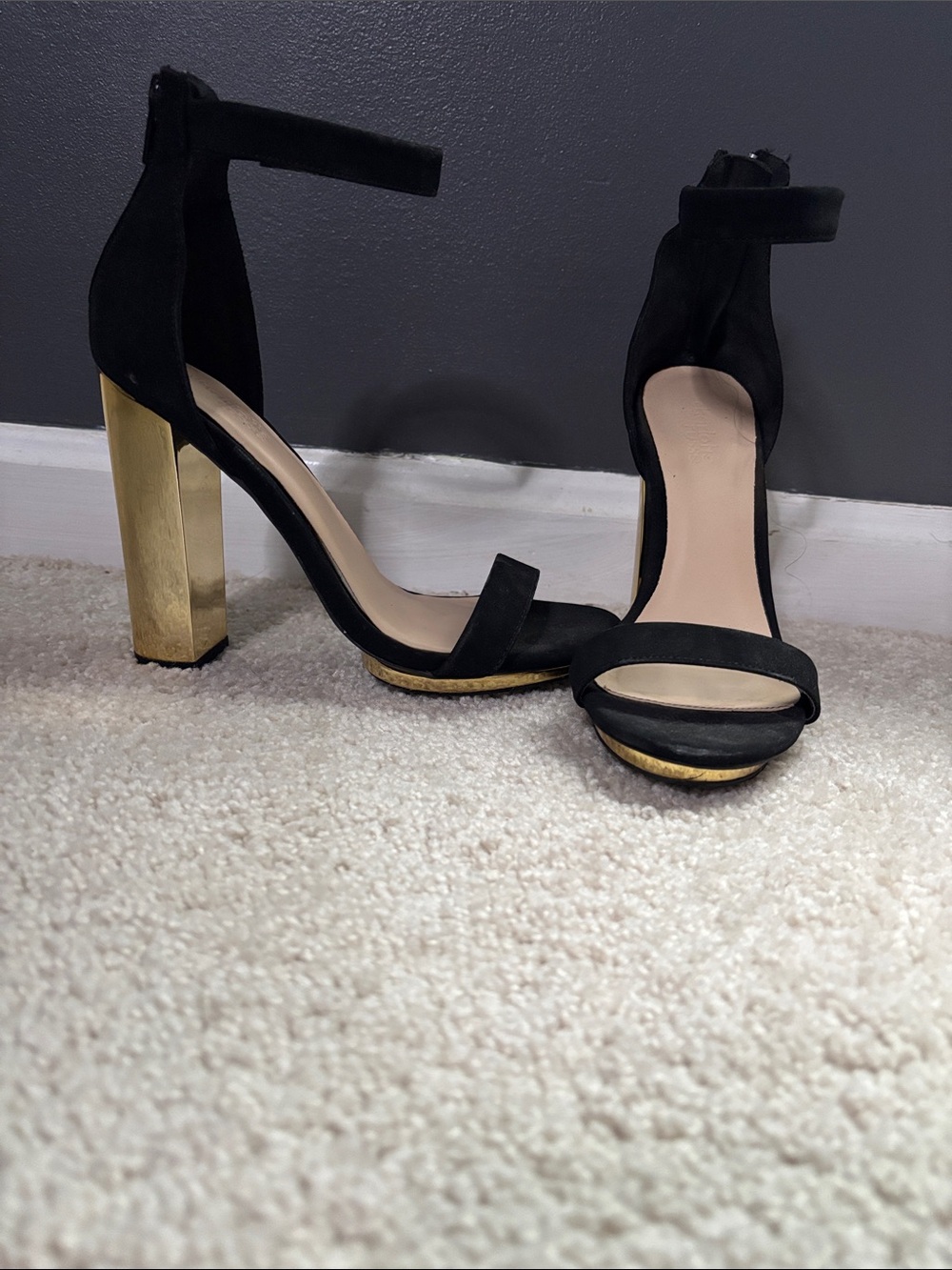 Charlotte Russe Black and Gold Block Heel Ankle-Strap Sandals